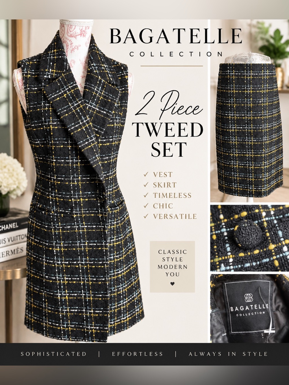 Bagatelle Collection 2 Piece Tweed Vest & Skirt Set Plaid
